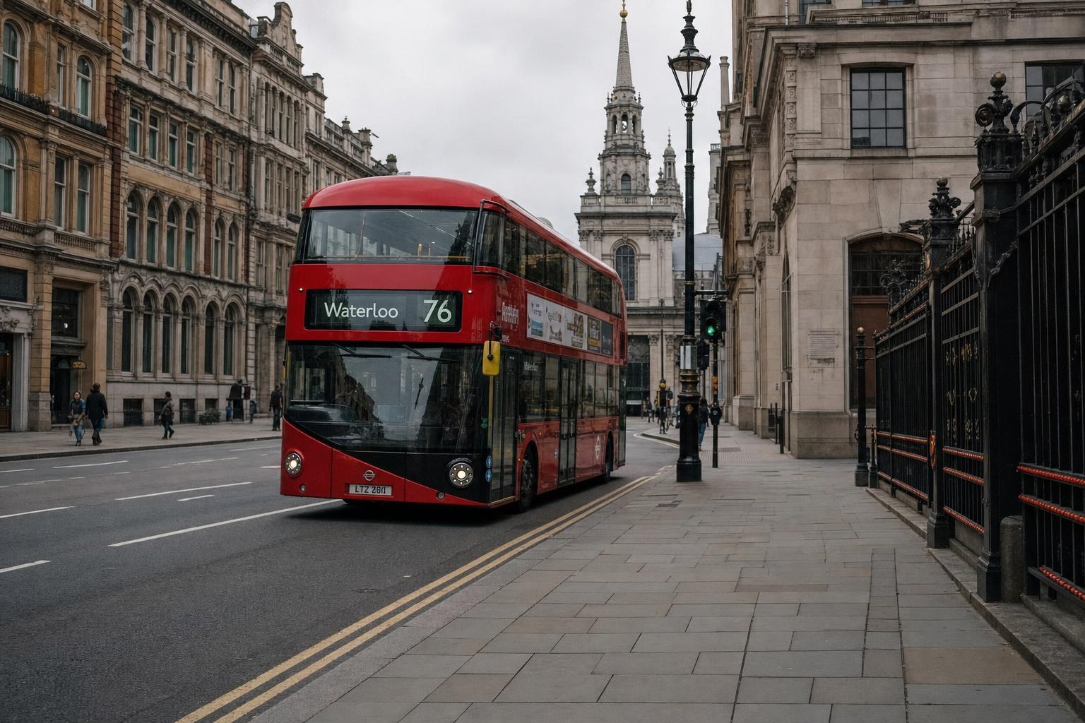 AI-generated illustration: A red double-decker bus passing ordinary historic streets in central London, United Kingdom, street-level camera viewpoint, overcast daylight, believable pavement and building proportions; no multiple landmarks or dramatic skyli
