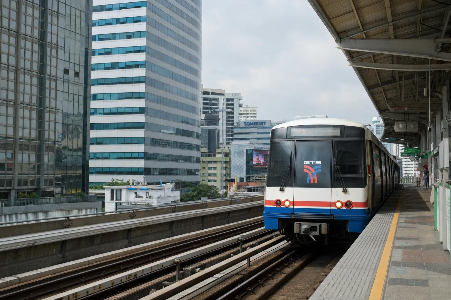 AI-generated illustration: One BTS Skytrain beside a realistic elevated railway platform in Bangkok, Thailand, plausible straight track and platform layout, ordinary surrounding city buildings, neutral daylight, no iconic temples or skyline montage.