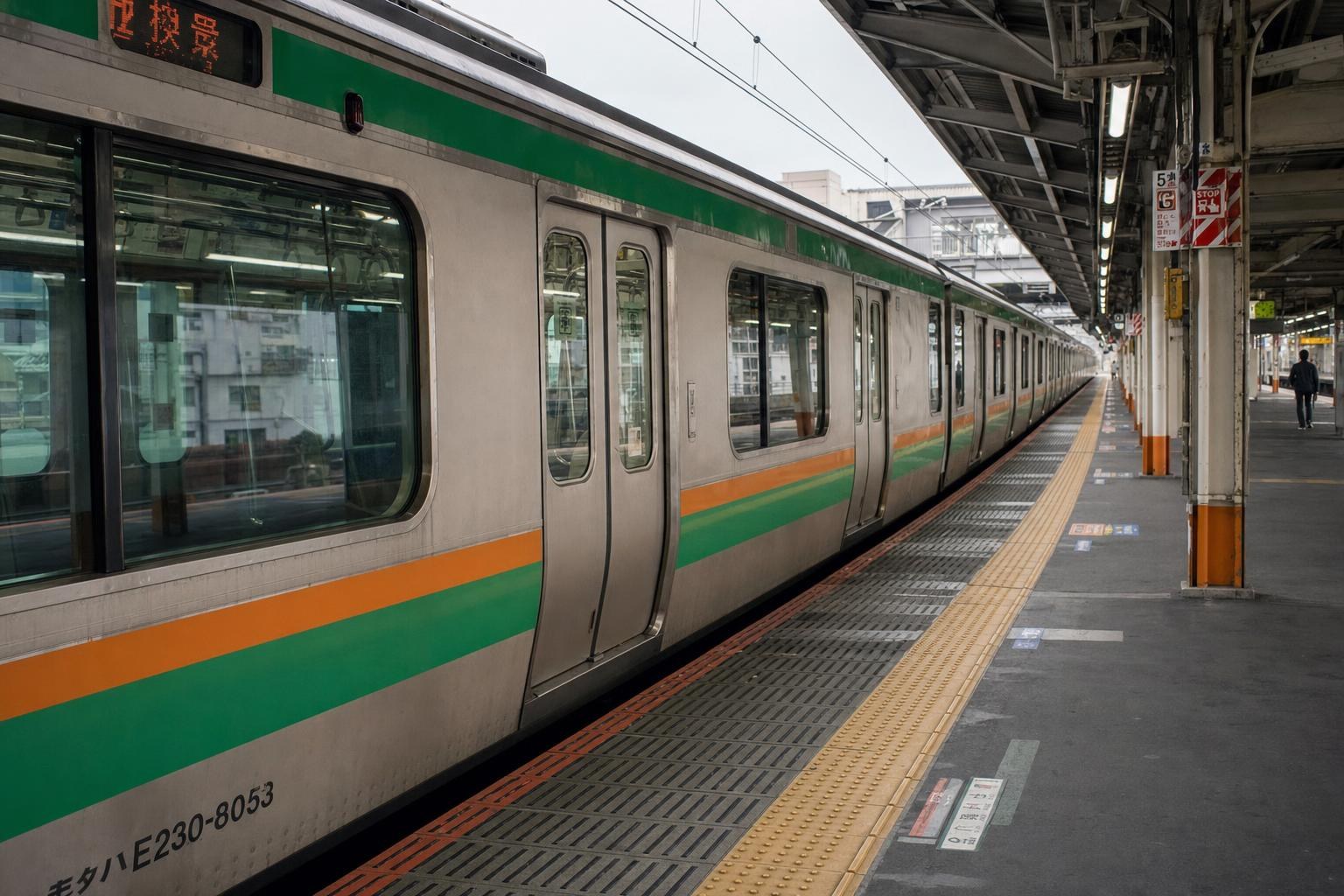 AI-generated illustration: One ordinary commuter train alongside a covered railway platform in Tokyo, Japan, realistic straight parallel tracks, platform entirely beside the train, a few distant commuters, neutral daylight. No station exterior facade, sky