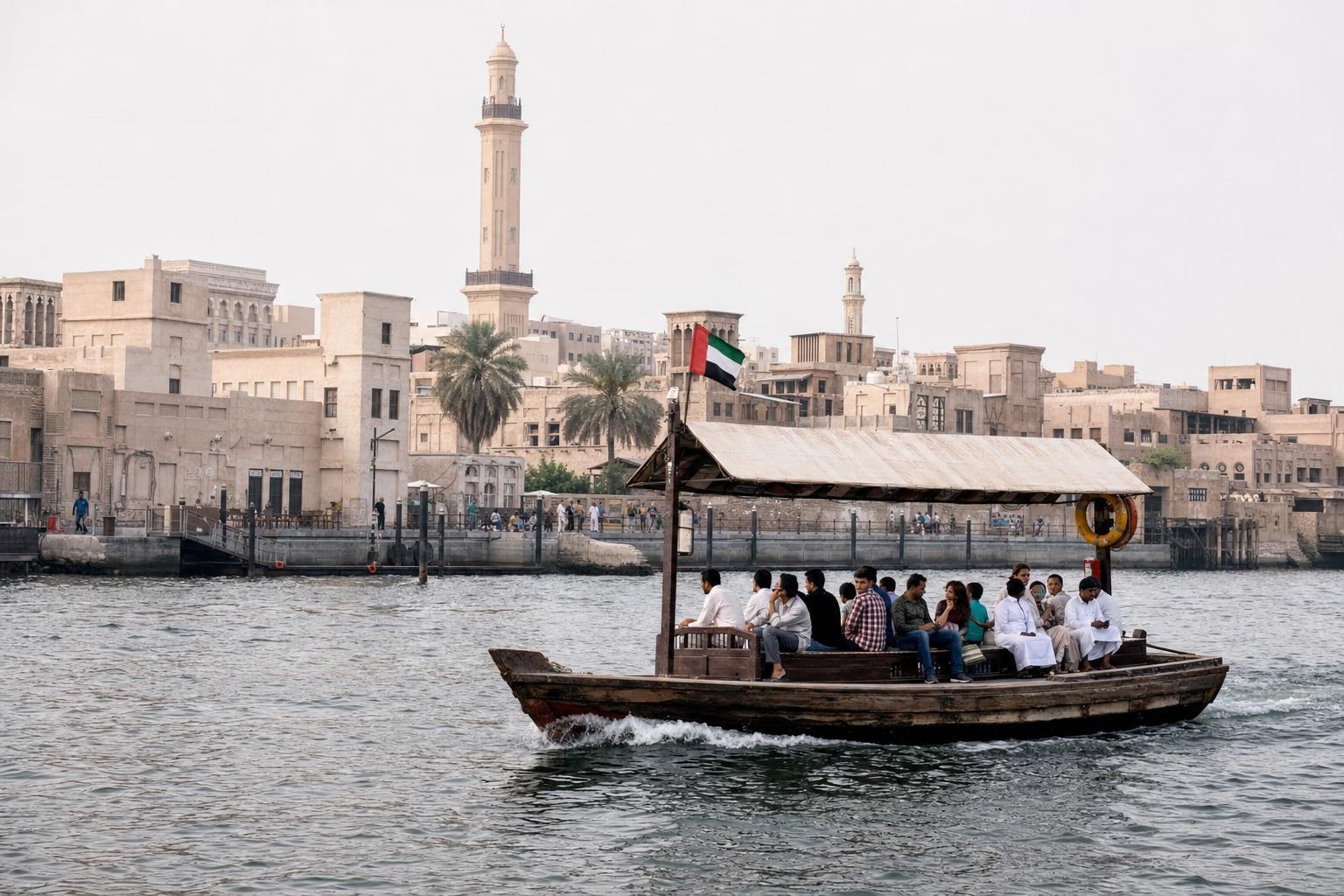 AI-generated illustration: A traditional wooden abra boat crossing Dubai Creek with Al Fahidi historical buildings in the background