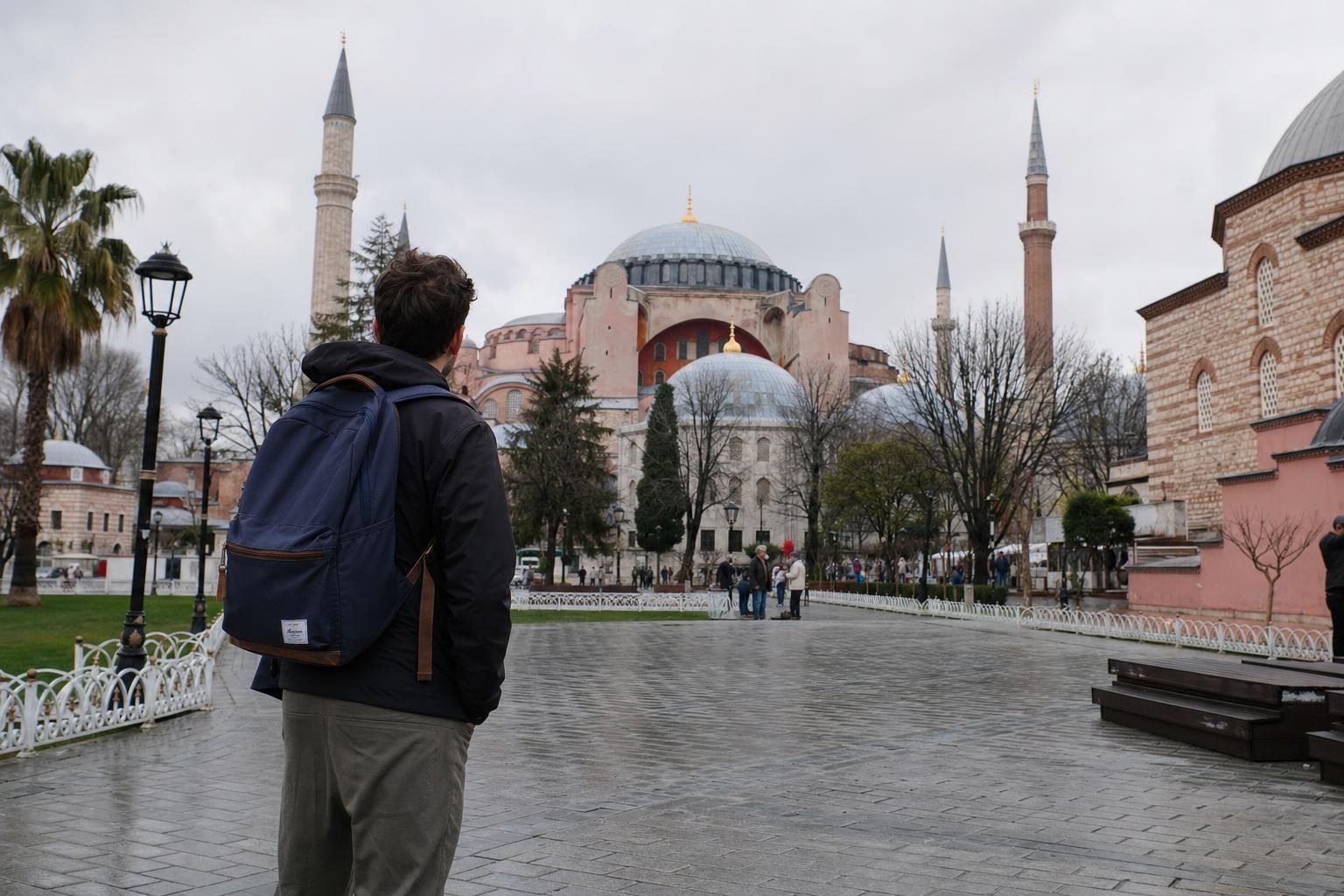 AI-generated illustration: A single traveler gazing at Hagia Sophia from Sultanahmet Square, Istanbul, Turkey