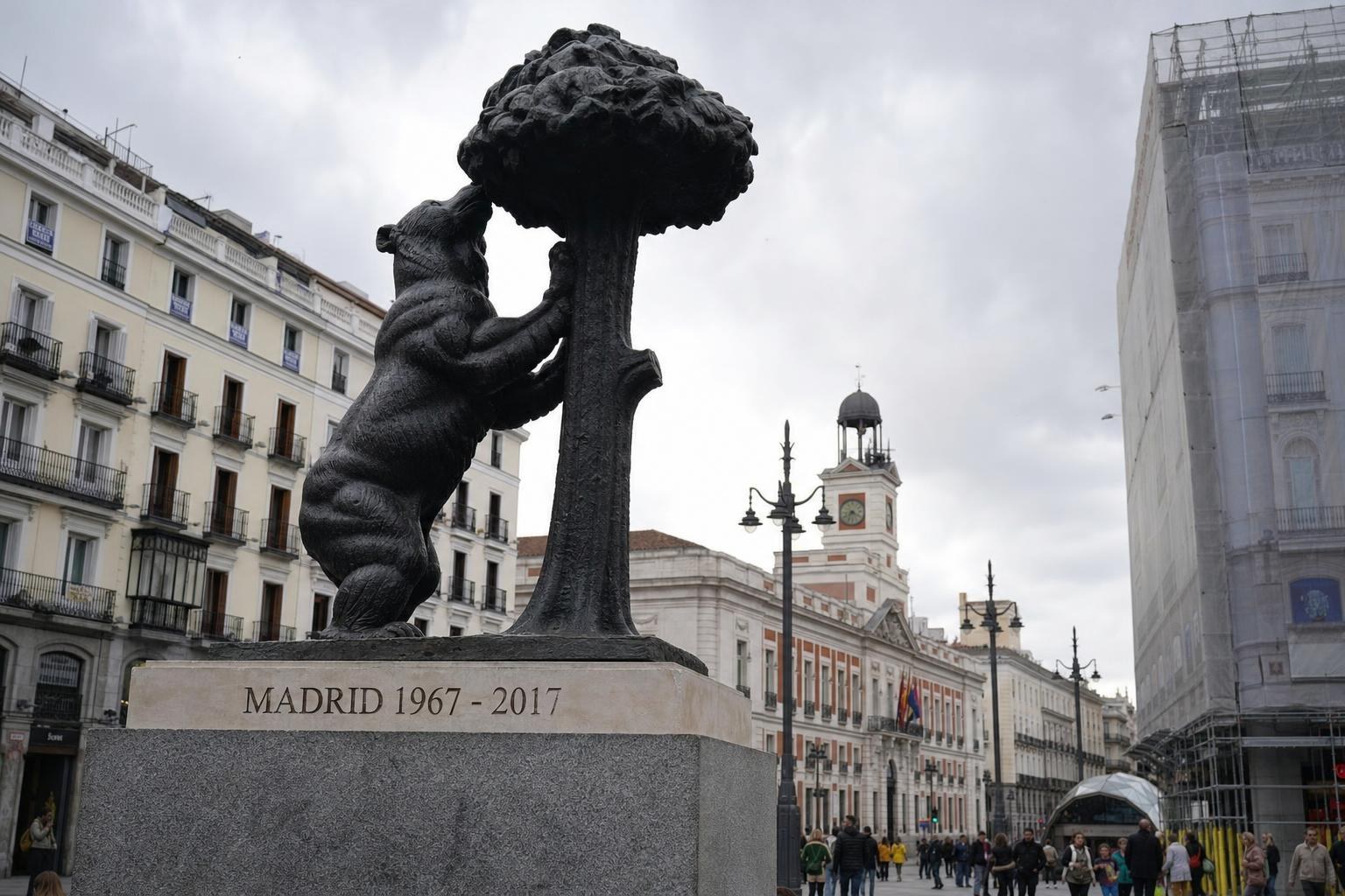 AI-generated illustration: Puerta del Sol, Madrid, Spain – a lively city square with the Bear and Strawberry Tree statue