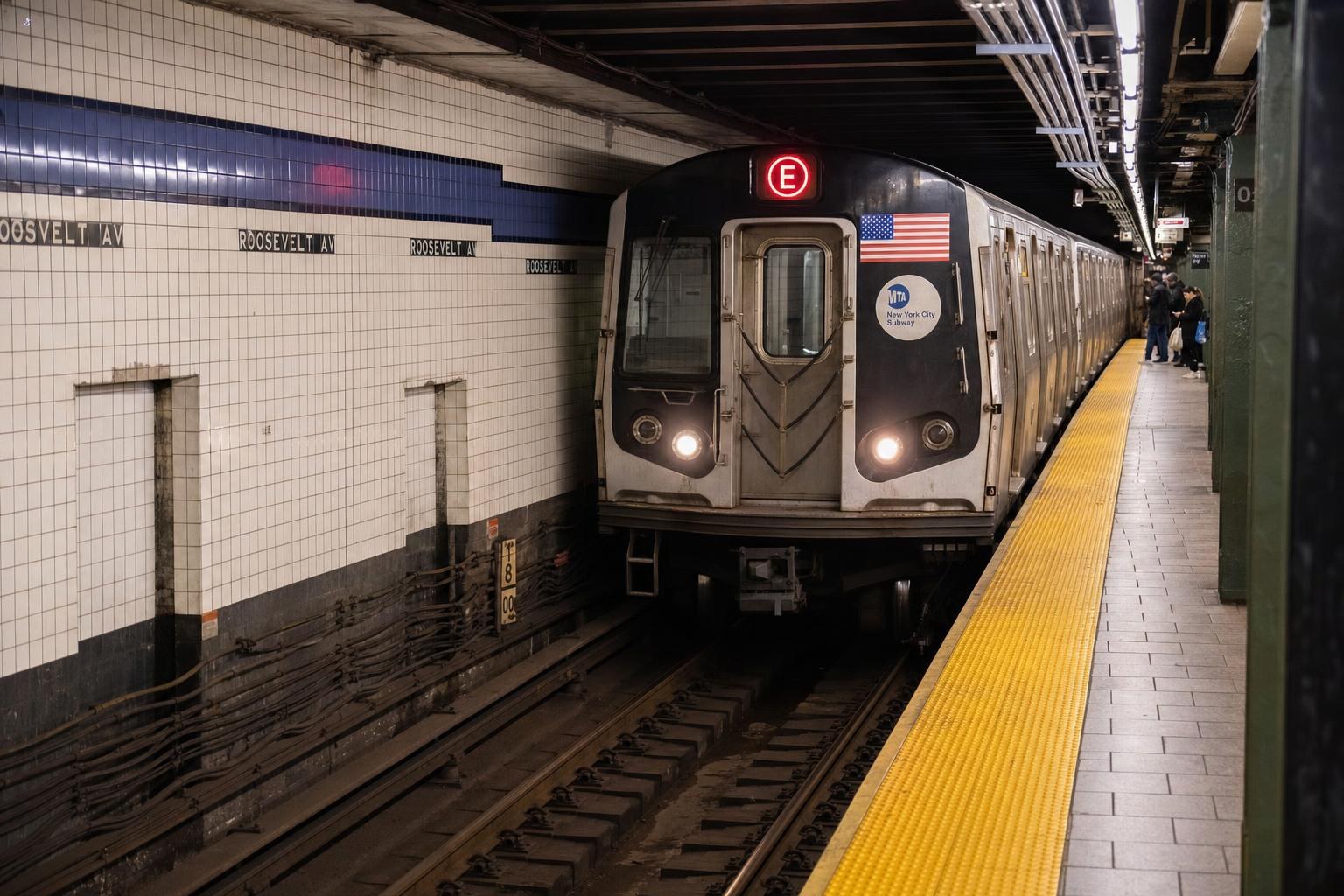 AI-generated illustration: A New York City subway train entering an underground station, United States