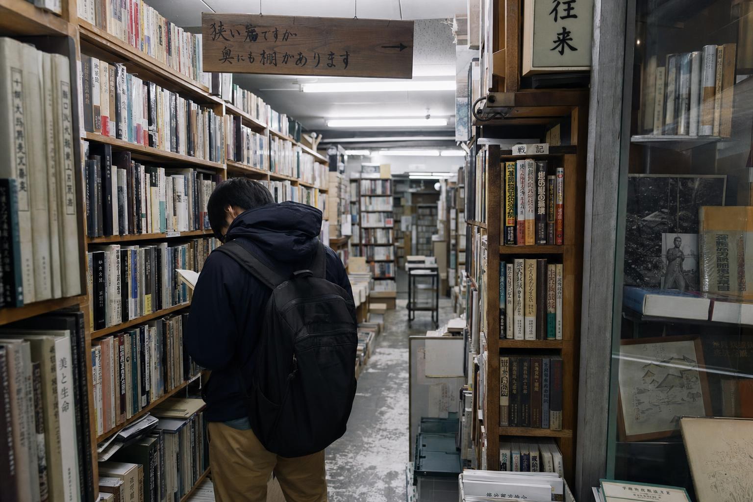 AI-generated illustration: A solo traveller browsing a Jimbocho bookshop, Tokyo, Japan