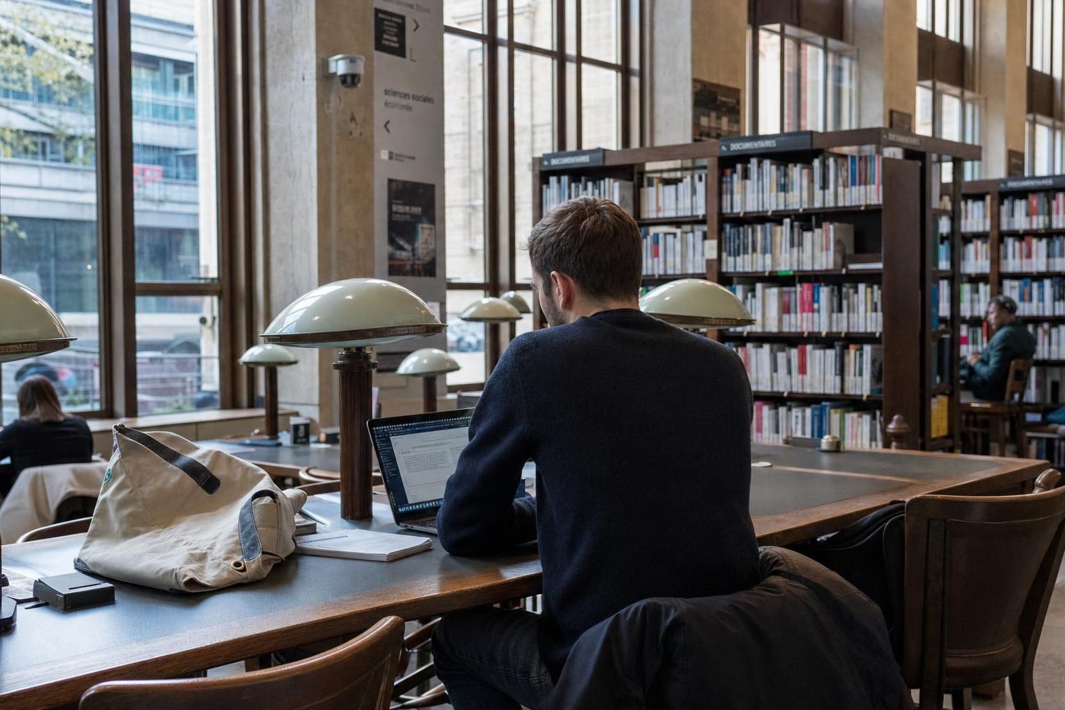 AI-generated illustration: a visitor using a laptop in a Paris municipal library with daylight and bookshelves in the background
