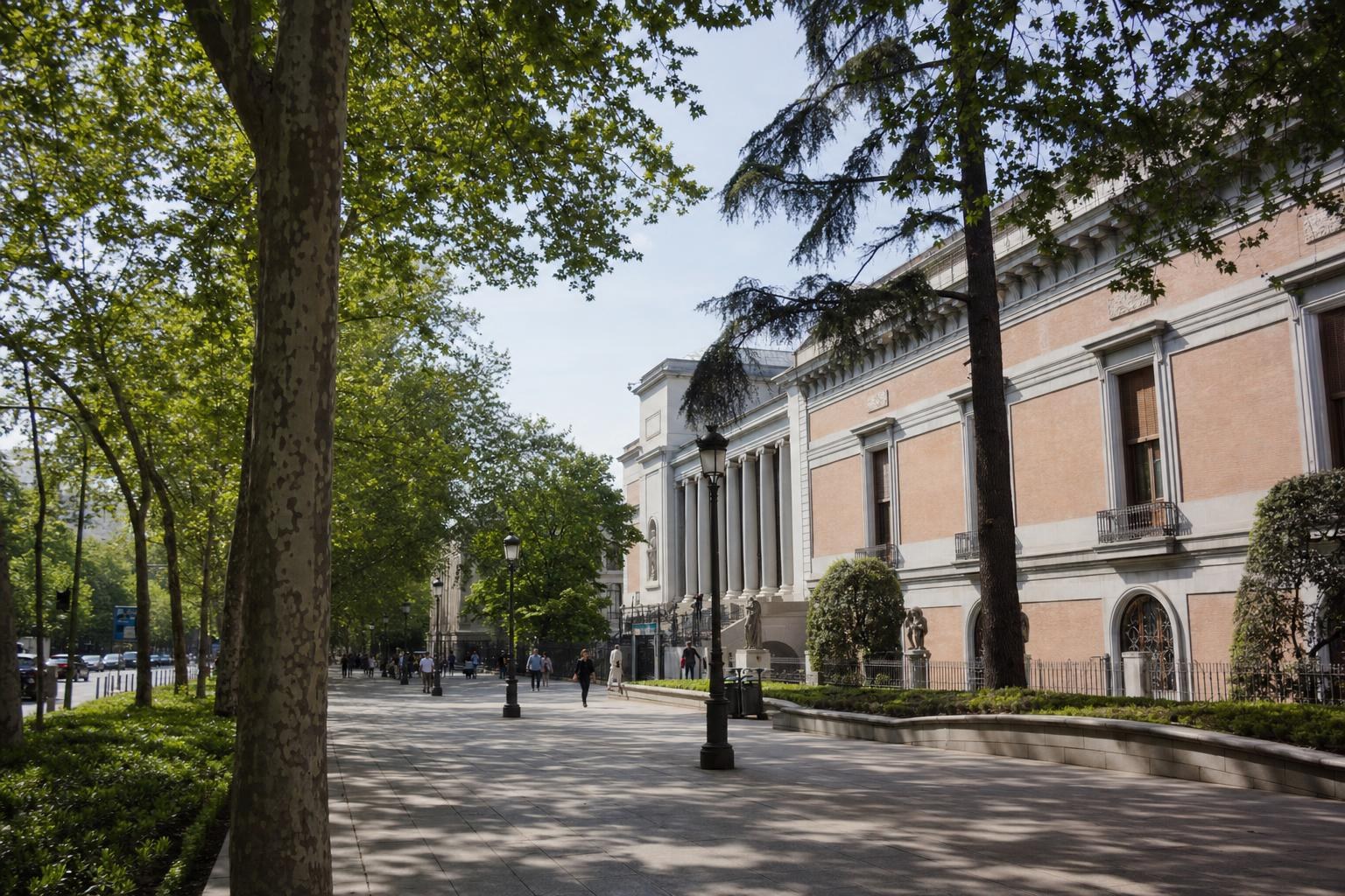 AI-generated illustration: A leafy pedestrian walkway with the Museo del Prado’s neoclassical facade in Madrid, Spain under bright daylight