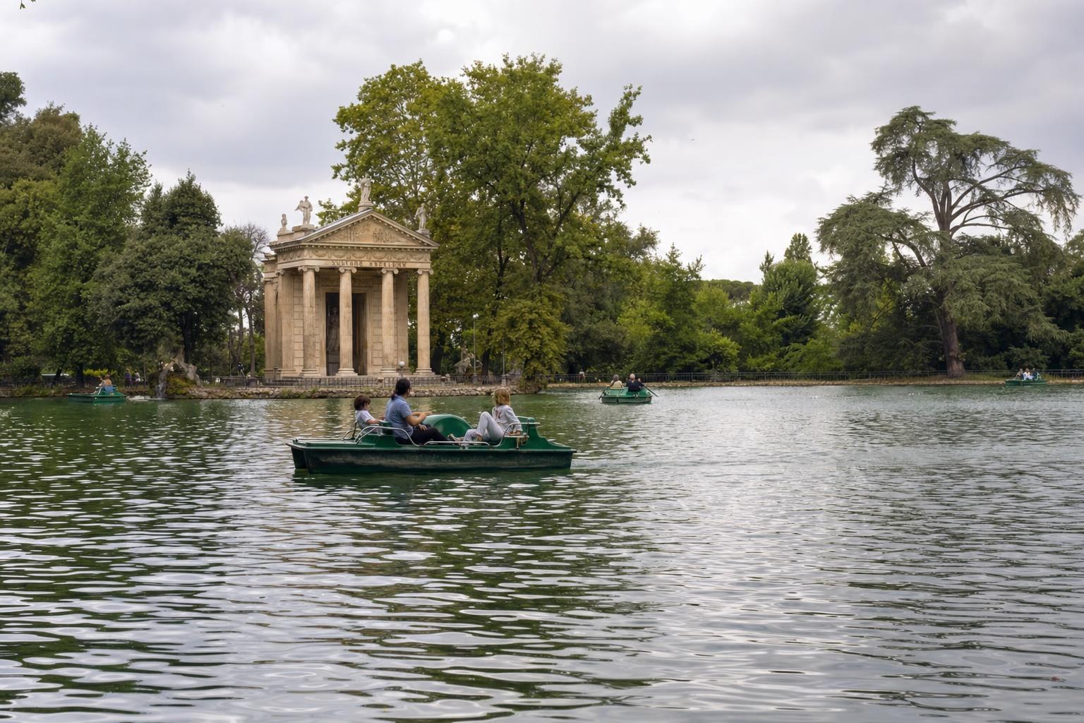 AI-generated illustration: A family riding a pedal boat on the pond in Villa Borghese, Rome, Italy