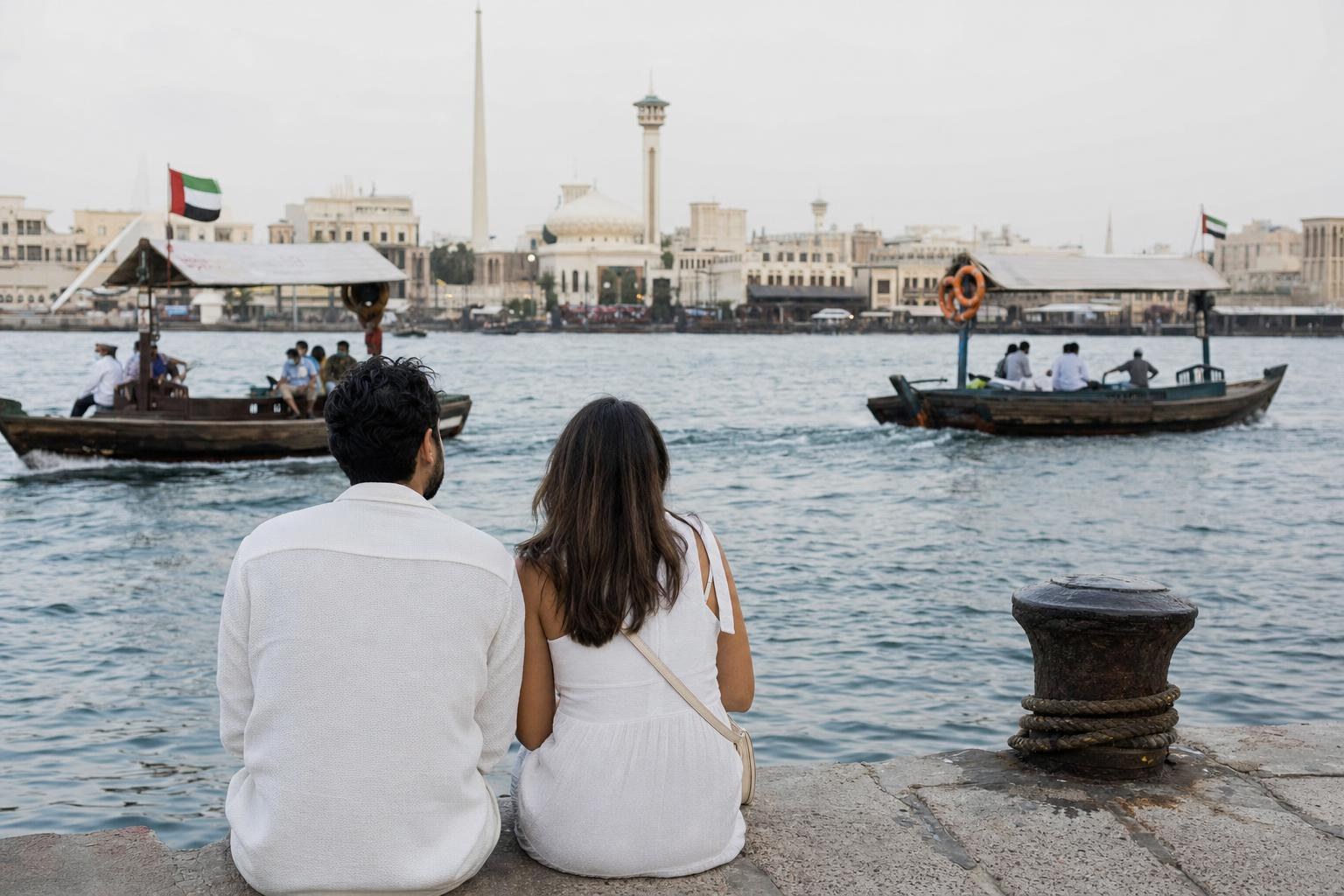 AI-generated illustration: Couple sitting by the waterfront promenade at Al Seef with traditional abras crossing Dubai Creek in the background, Dubai, United Arab Emirates