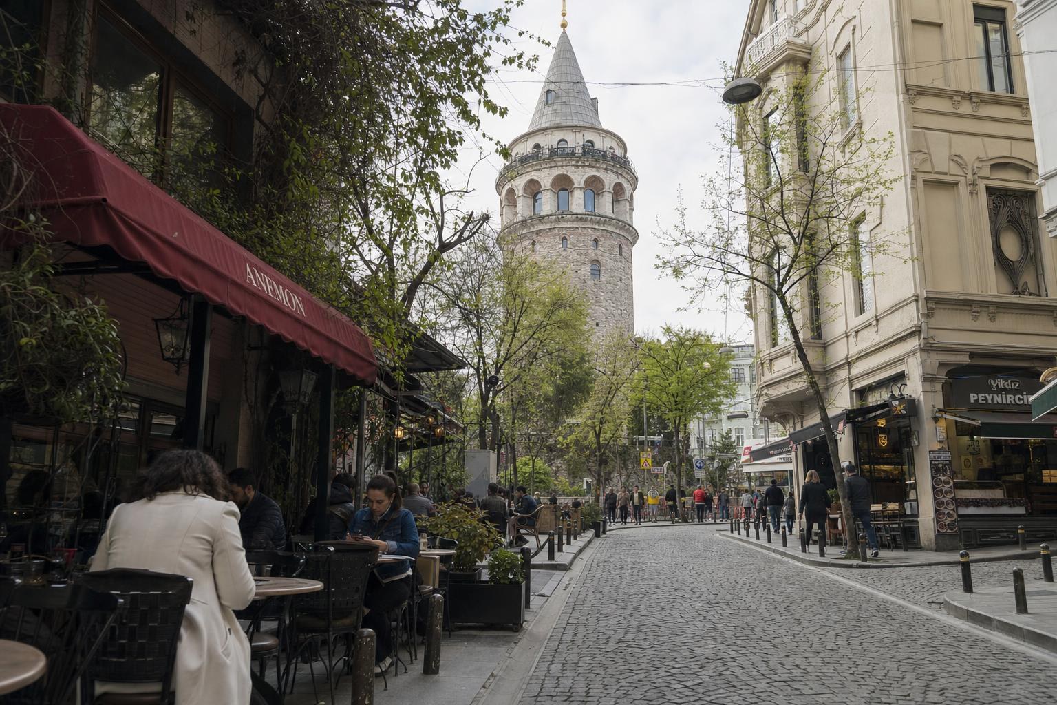 AI-generated illustration: A morning street café outside Galata Tower, Galata, Istanbul, showing local life