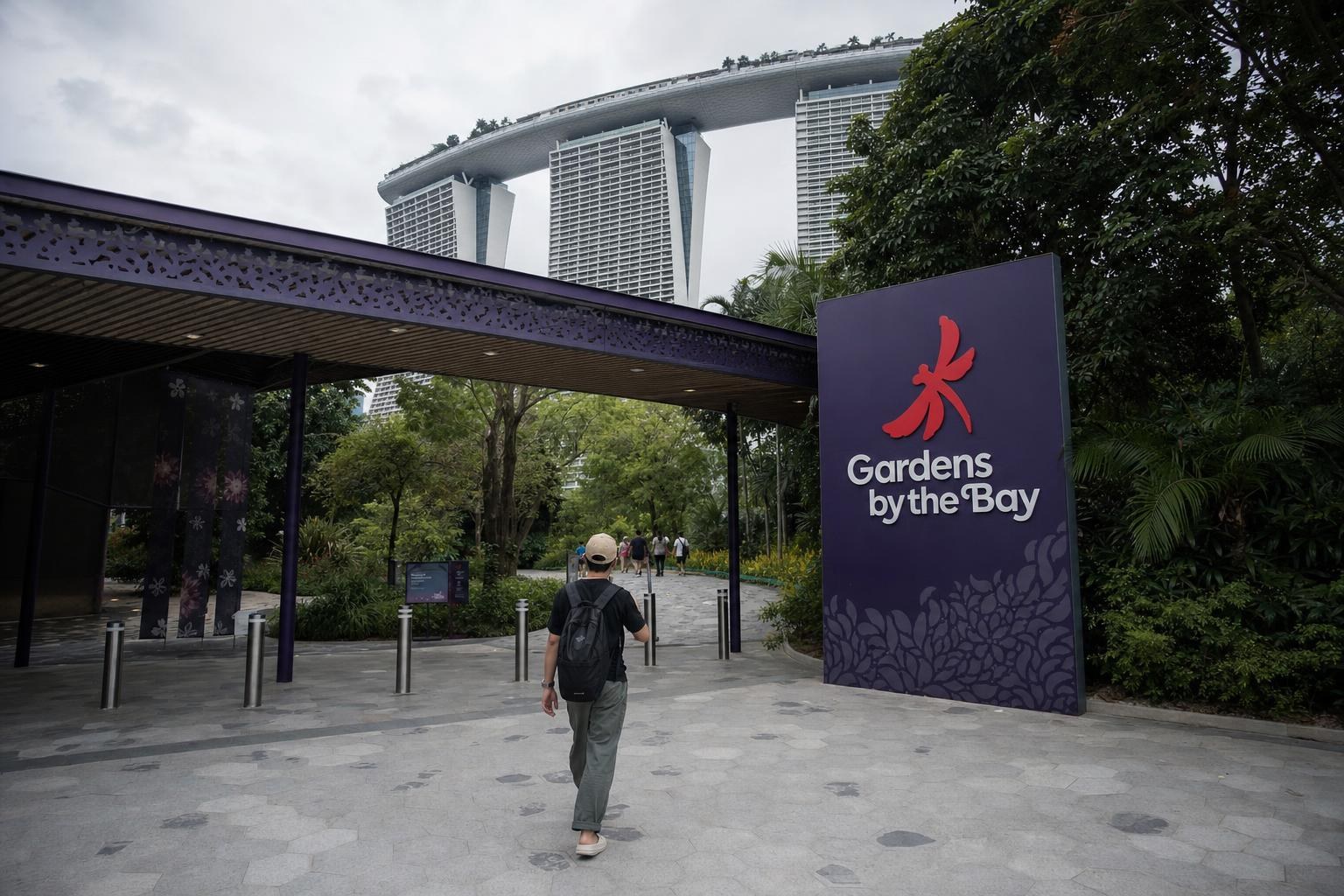 AI-generated illustration: A solo traveller entering Gardens by the Bay near Marina Bay Sands, Singapore