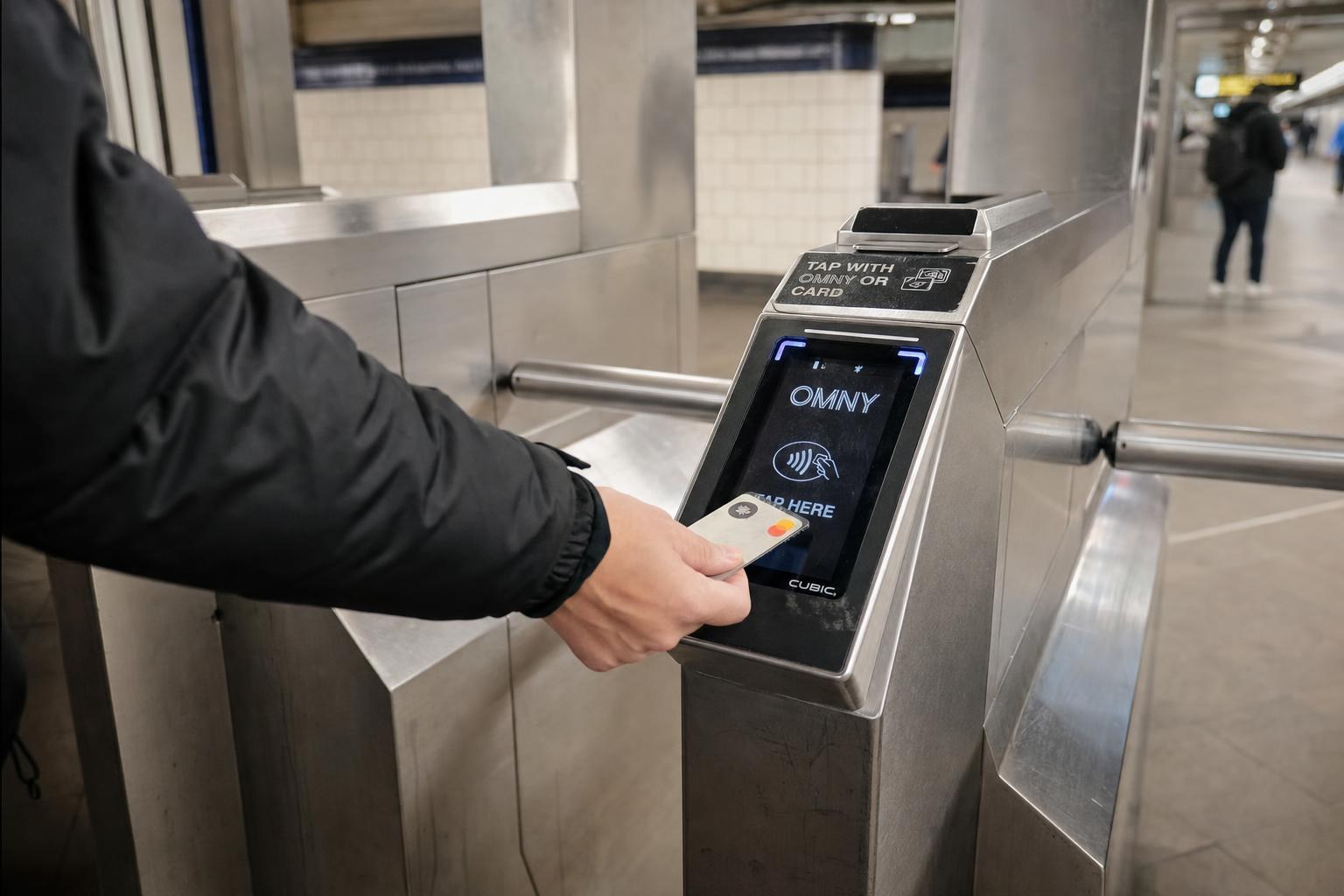 AI-generated illustration: A close-up of a traveler tapping a contactless card on an OMNY subway fare reader in a bright New York City station