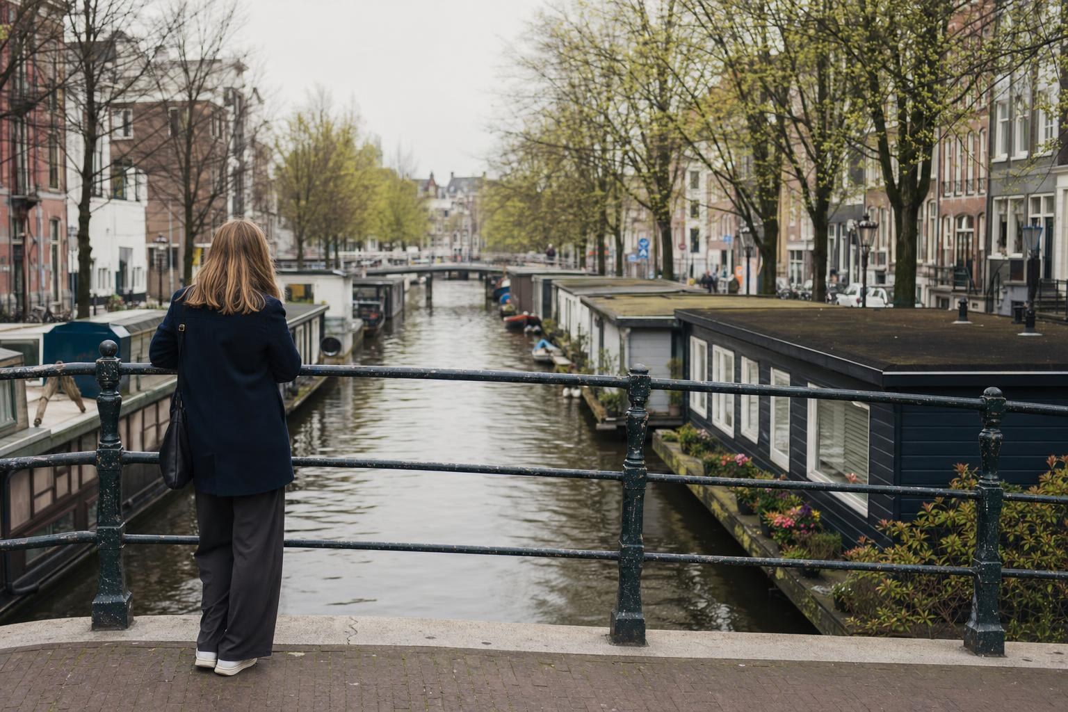 AI-generated illustration: Pedestrian enjoying a view from a houseboat-lined canal bridge in Amsterdam, The Netherlands