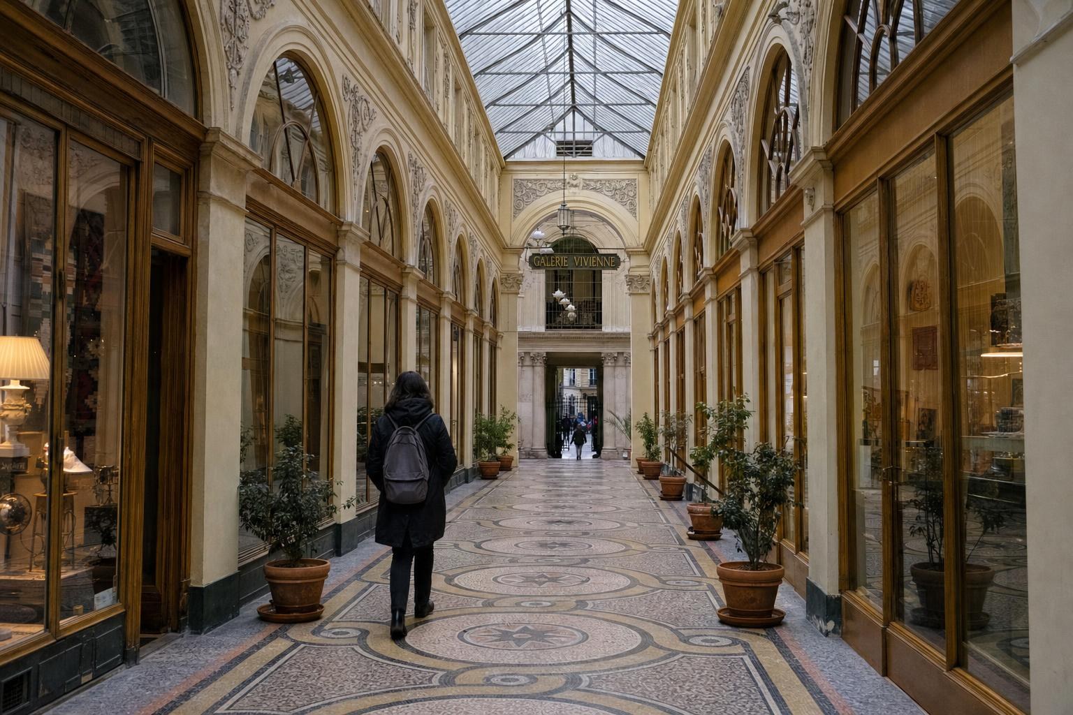 AI-generated illustration: A single person strolling under the glass roof of Galerie Vivienne, Paris, France on a rainy day
