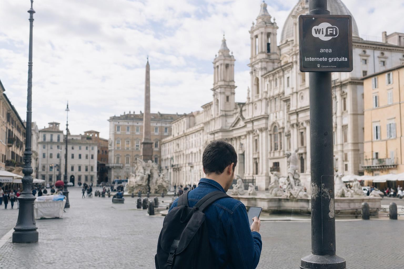 AI-generated illustration: A traveler at Piazza Navona in Rome, Italy using a mobile phone near a public Wi-Fi sign