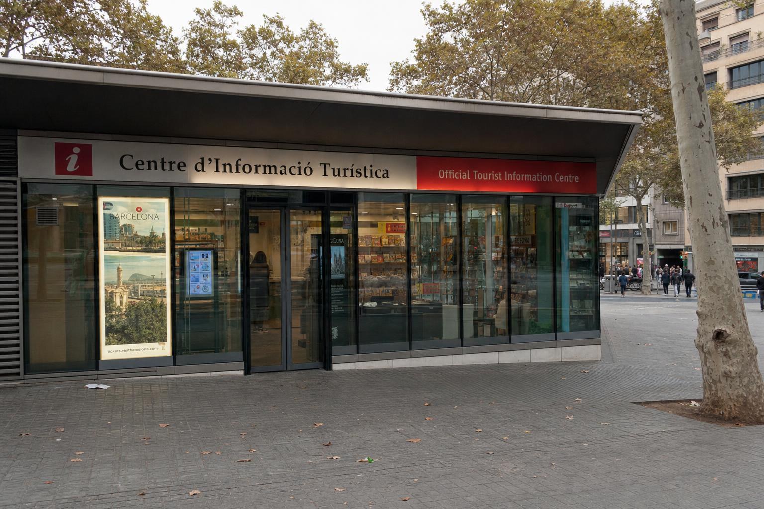 AI-generated illustration: Official tourist information centre exterior, Plaça de Catalunya, Barcelona