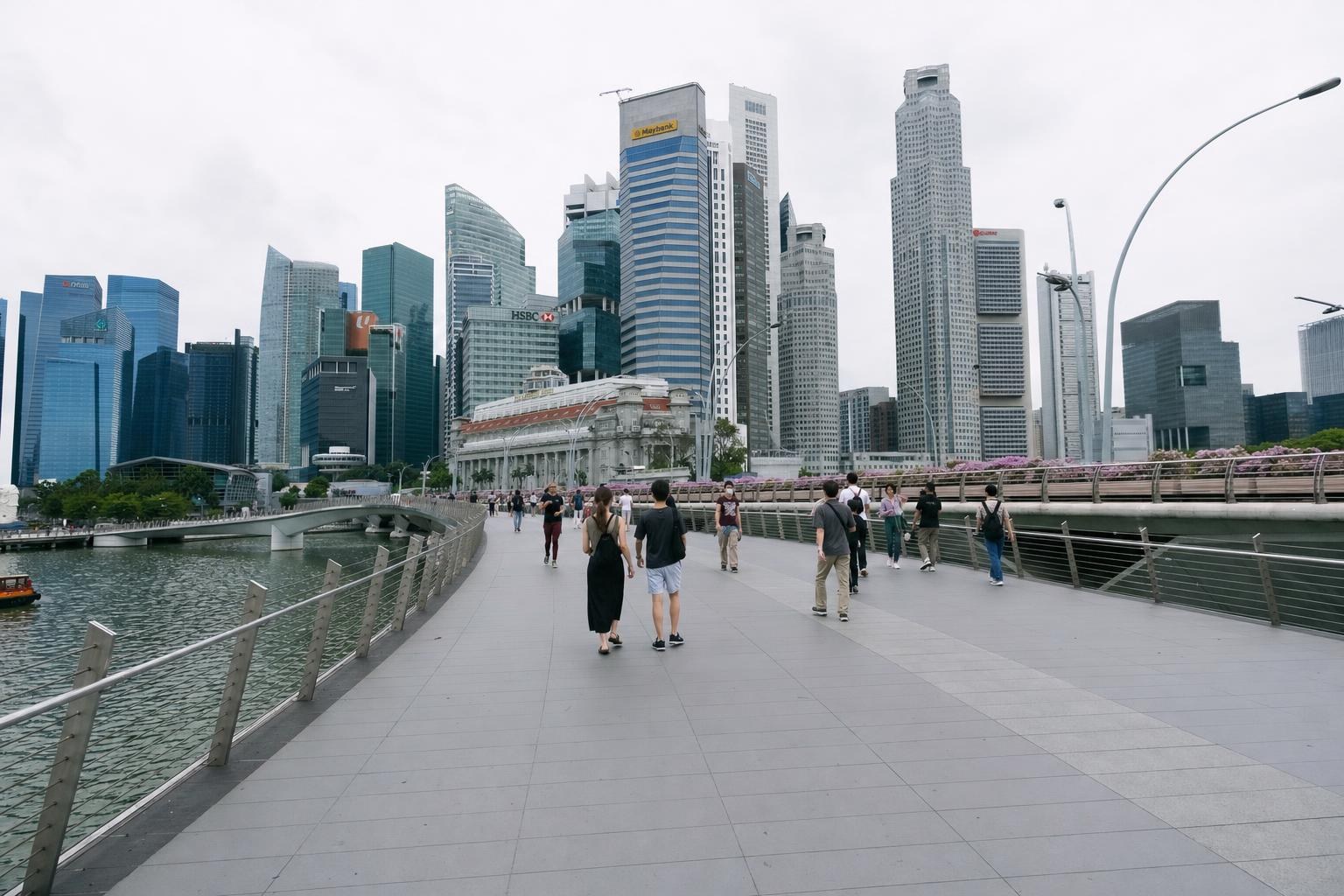 AI-generated illustration: Pedestrians crossing Anderson Bridge with the Marina Bay skyline in Singapore, Singapore