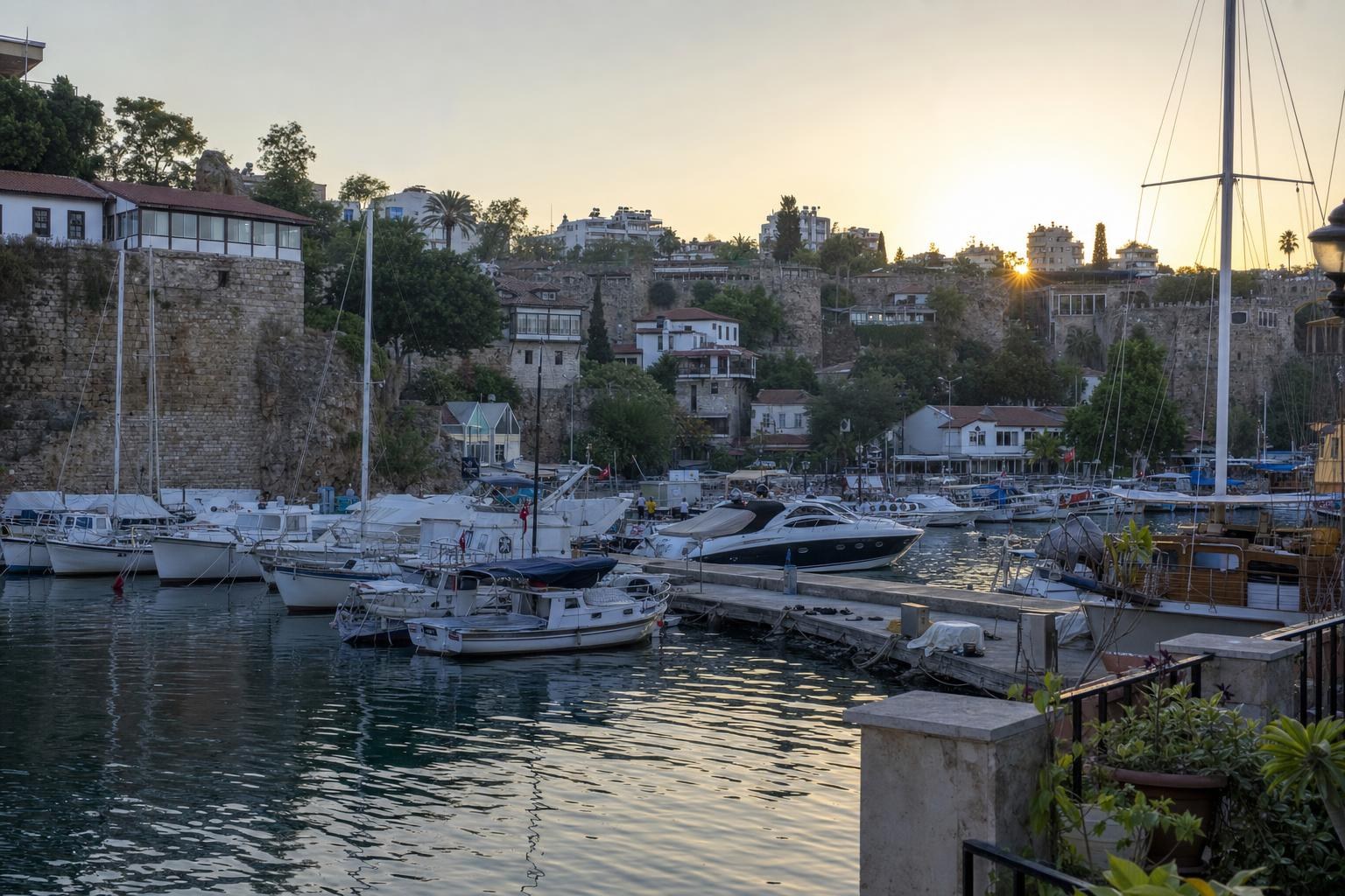 AI-generated illustration: Kaleiçi historic yacht harbour at sunrise, Antalya, Turkey