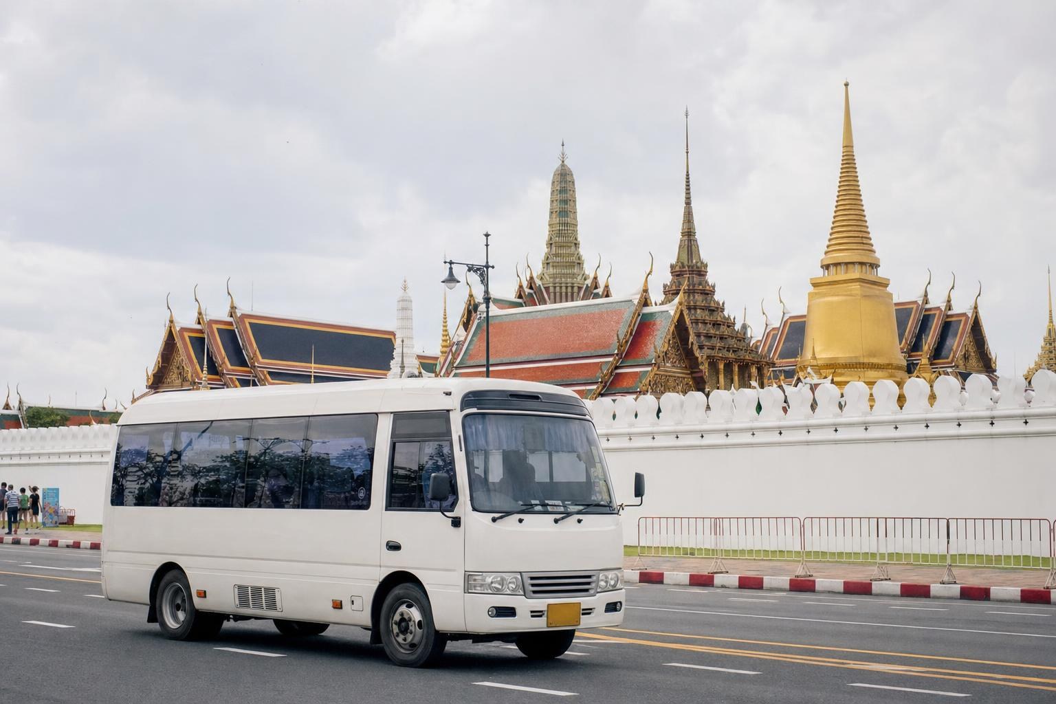 AI-generated illustration: Grand Palace Bangkok exterior view with an arriving minibus in front