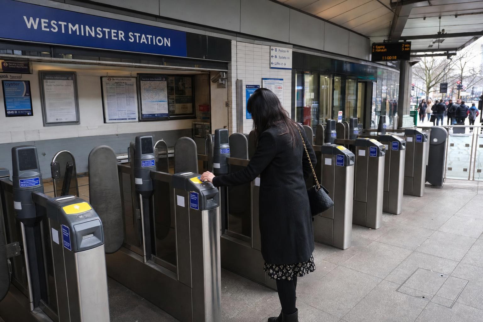 AI-generated illustration: A visitor touching an Oyster card at Westminster Underground station entrance in London, United Kingdom