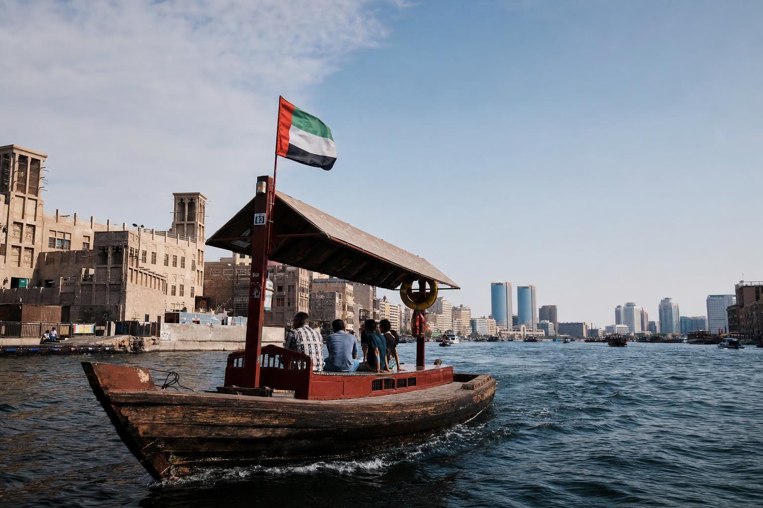 AI-generated illustration: A traditional wooden abra boat crossing Dubai Creek near Al Fahidi with cityscape in background, Dubai, United Arab Emirates
