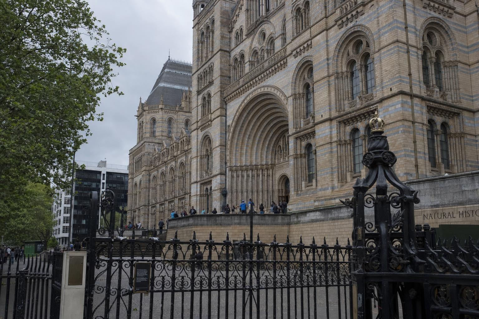 AI-generated illustration: Exhibition Road, South Kensington, London — exterior view of the Natural History Museum during daytime with visitors near the main entrance