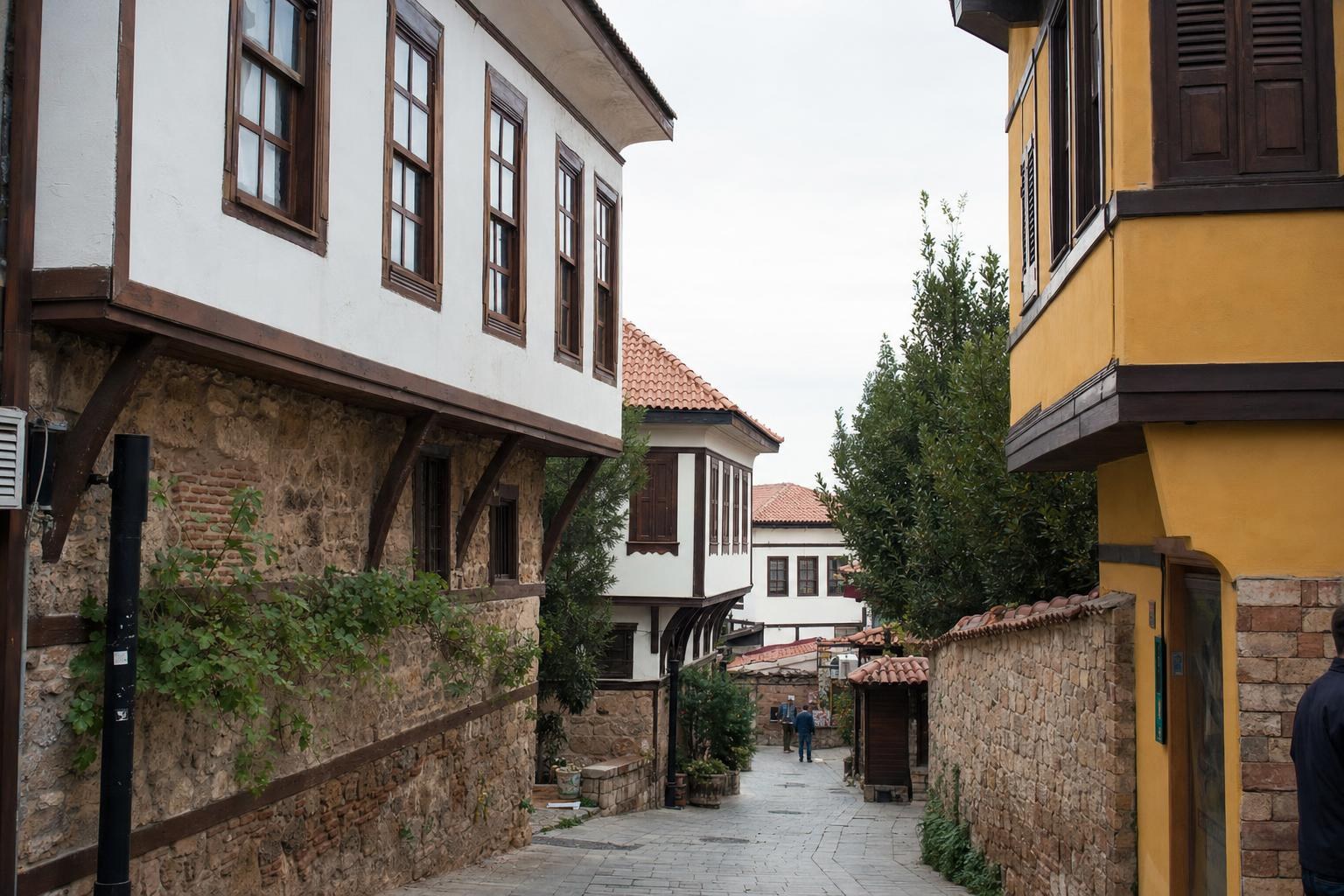 AI-generated illustration: Kaleiçi old town street with Ottoman houses in Antalya, Turkey
