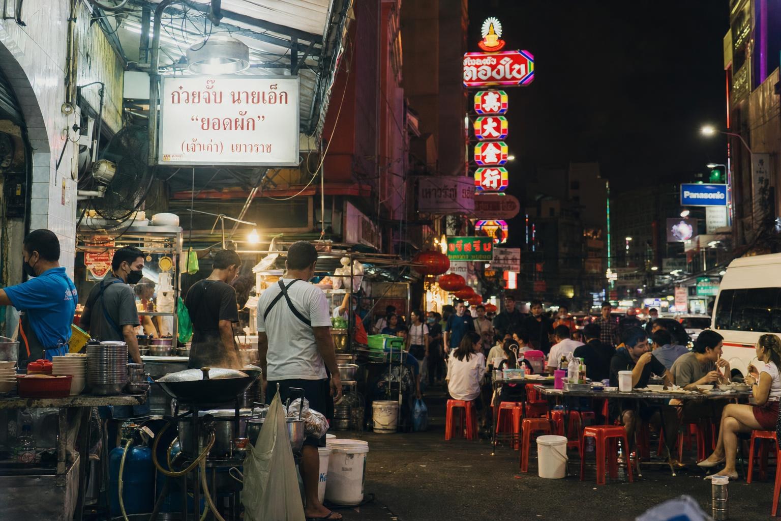 AI-generated illustration: A nighttime street food stall under neon lights in Bangkok's Yaowarat Chinatown