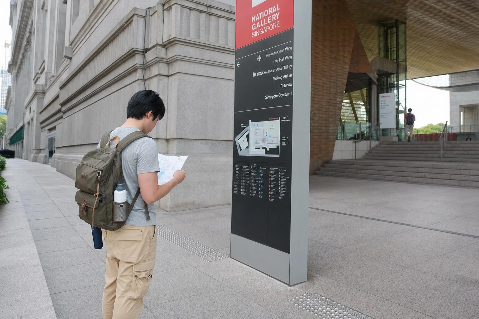 AI-generated illustration: A single visitor referencing an offline MRT map at the entrance of the National Gallery Singapore, Singapore