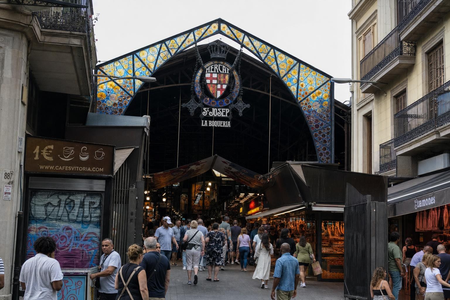 AI-generated illustration: Mercat de la Boqueria entrance, Barcelona, Spain – bustling daytime market scene with visitors