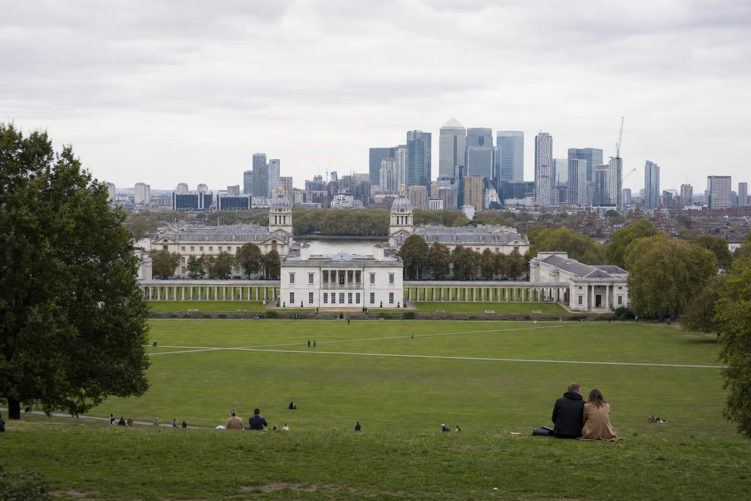 AI-generated illustration: View from Greenwich Park hilltop overlooking Queen’s House and London skyline, London, United Kingdom