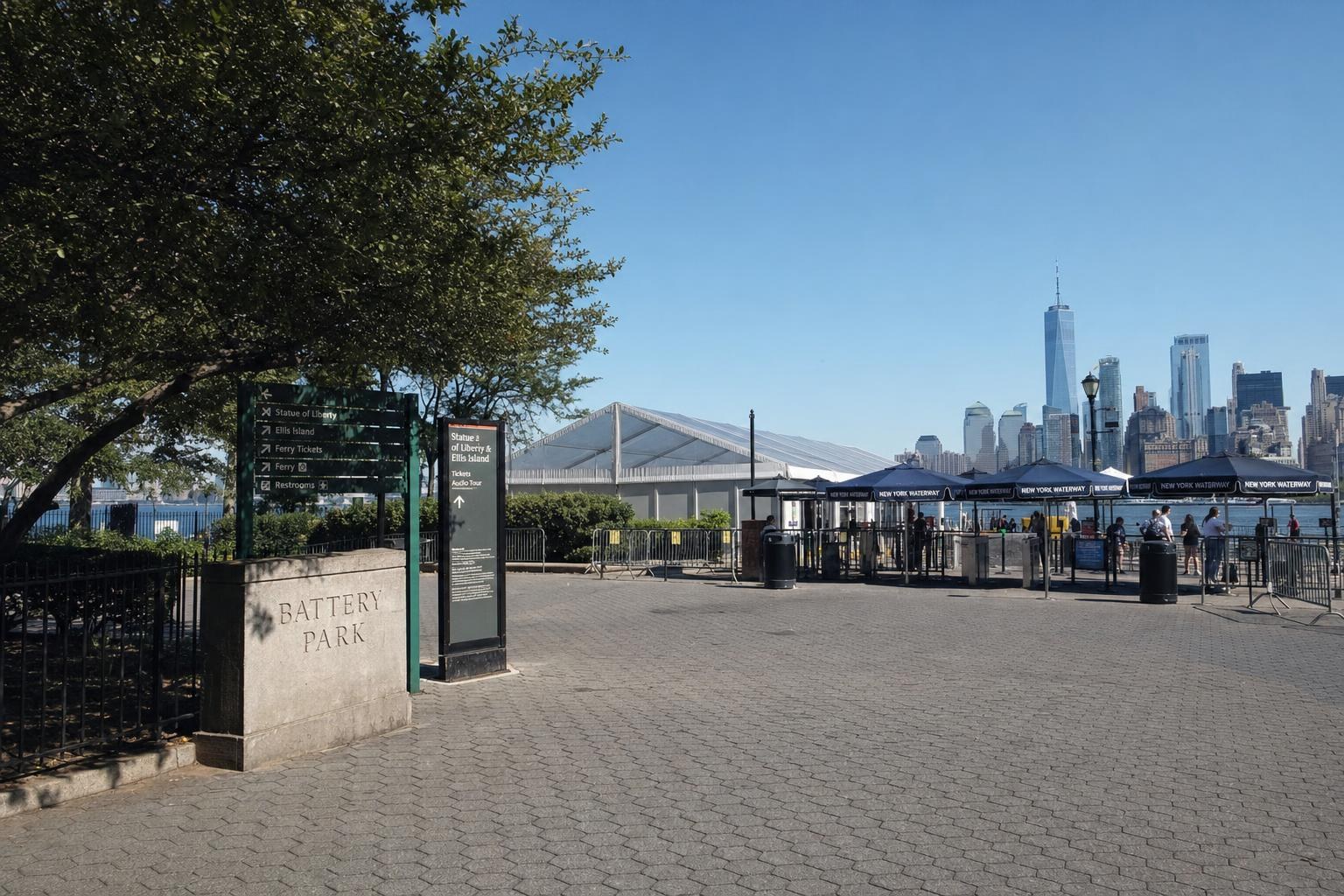 AI-generated illustration: View of Battery Park with accessible entrance and ferry terminal in New York City on a clear morning