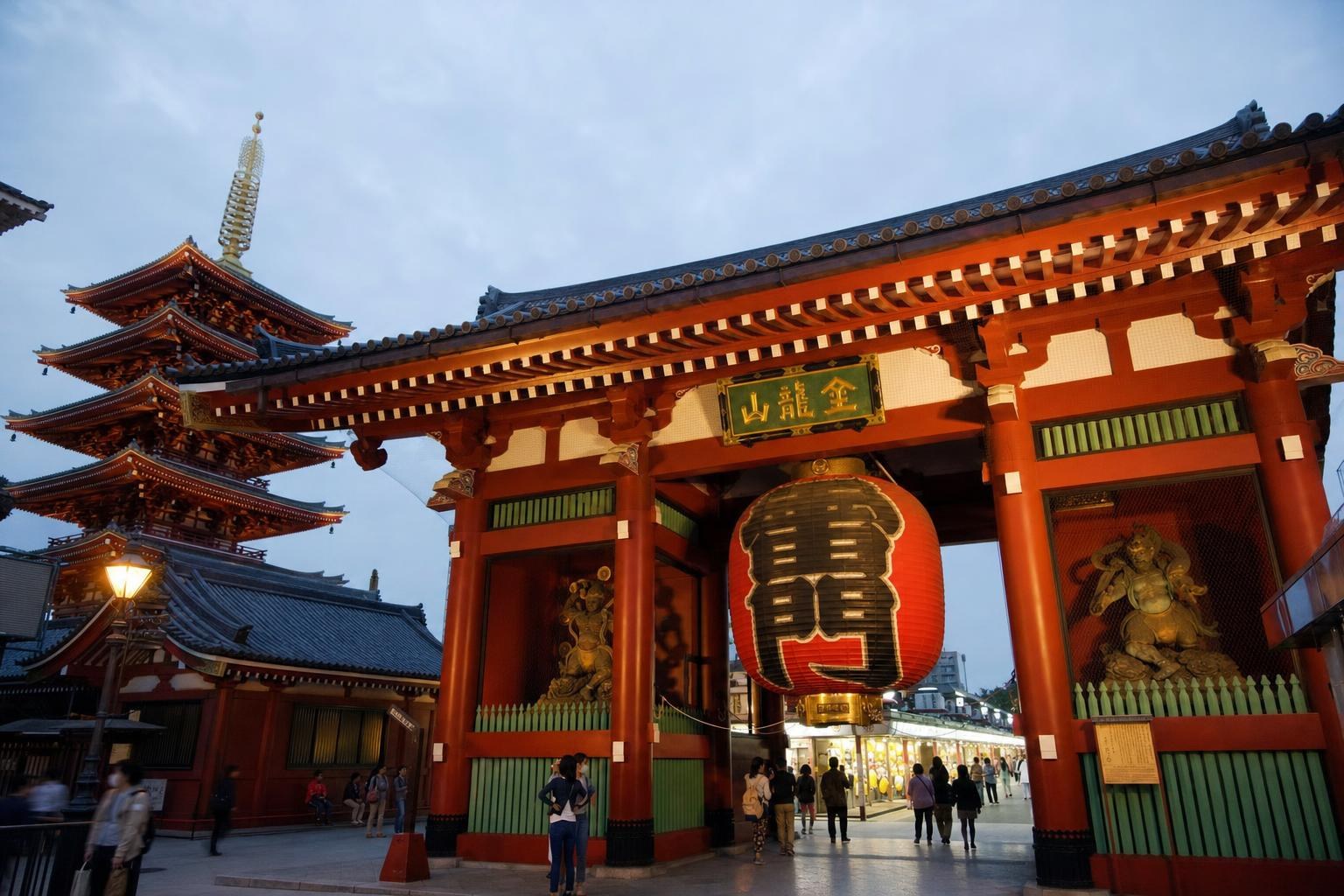 AI-generated illustration: Sensoji Temple at dusk with Kaminarimon Gate illuminated, Asakusa, Tokyo