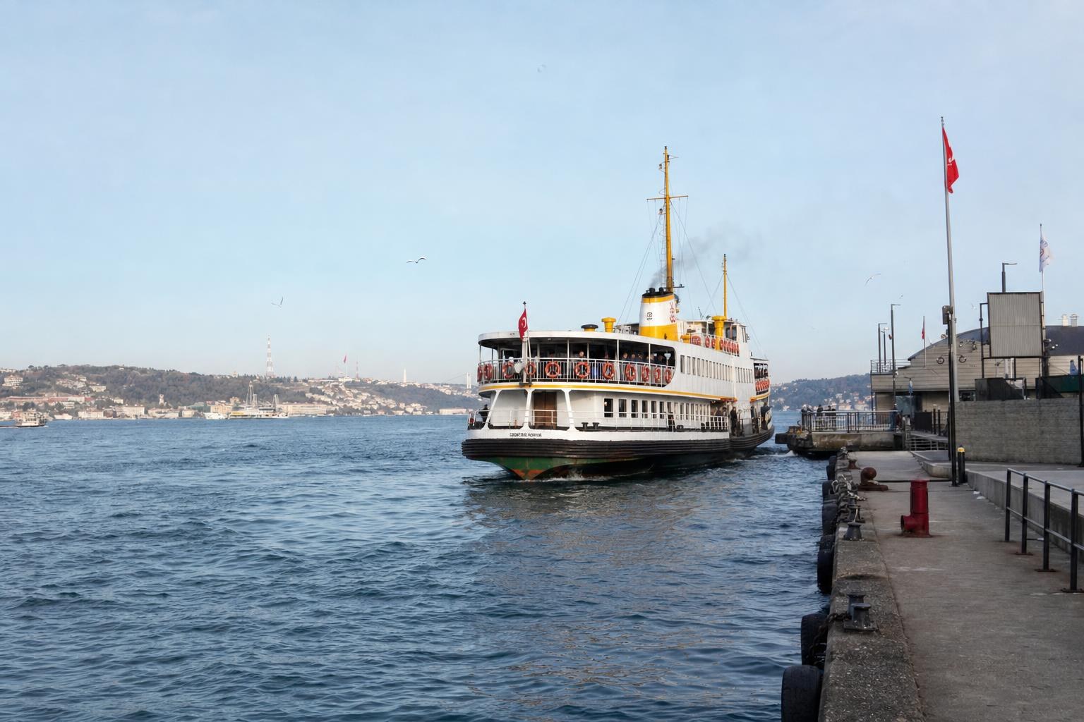 AI-generated illustration: A Bosphorus ferry arriving at the Beşiktaş terminal on a clear day in Istanbul, Turkey