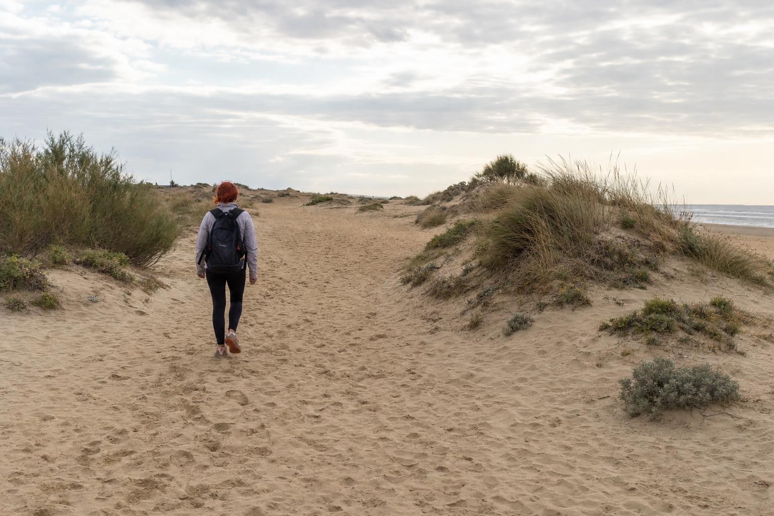 AI-generated illustration: A single traveler with a backpack walking along the Capocotta dunes, Rome, Italy