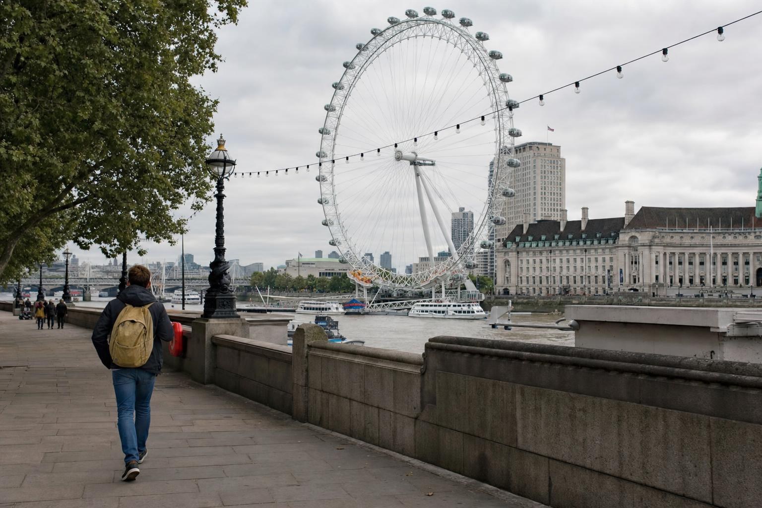 AI-generated illustration: A solo traveller walking along the Thames riverside path with the London Eye on the South Bank in view