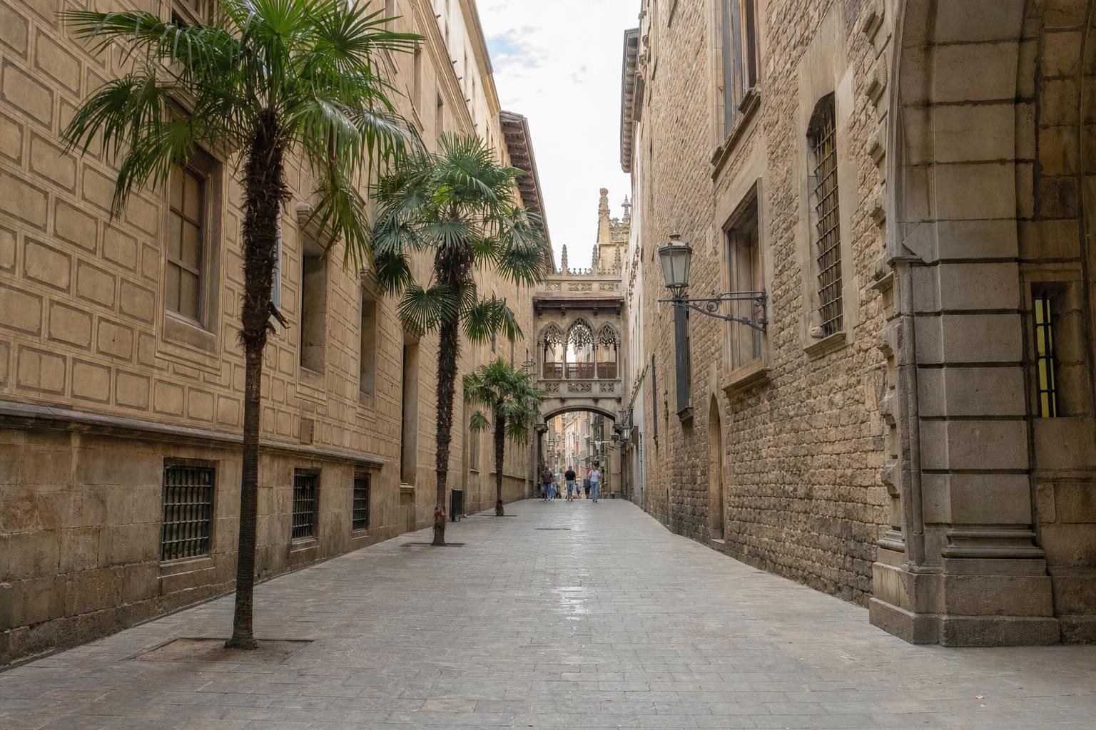 AI-generated illustration: A vibrant street with medieval stone buildings and palm trees in the Gothic Quarter, Barcelona, Spain