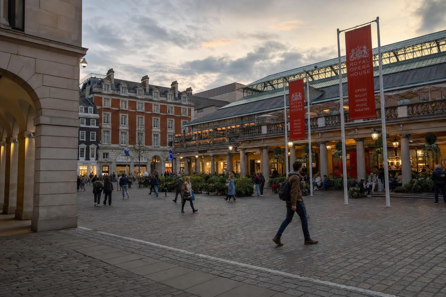 AI-generated illustration: Covent Garden Piazza in London at dusk with people and theatre banners