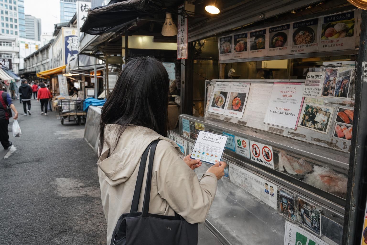AI-generated illustration: A traveler with a bilingual allergy card choosing food at an outdoor stall in Tsukiji Market, Tokyo