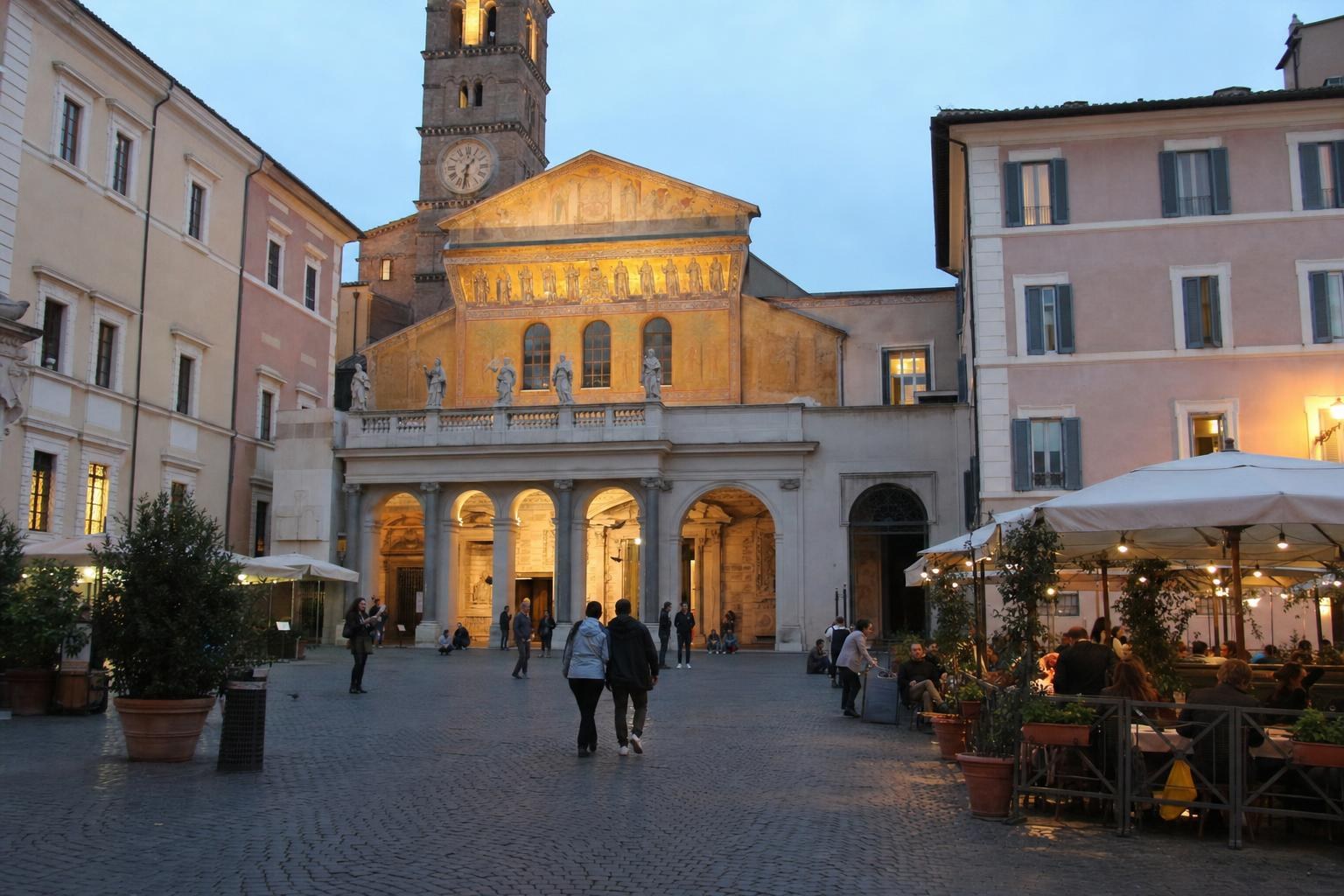 AI-generated illustration: Early evening view of Piazza Santa Maria in Trastevere, Rome, Italy with locals and outdoor diners