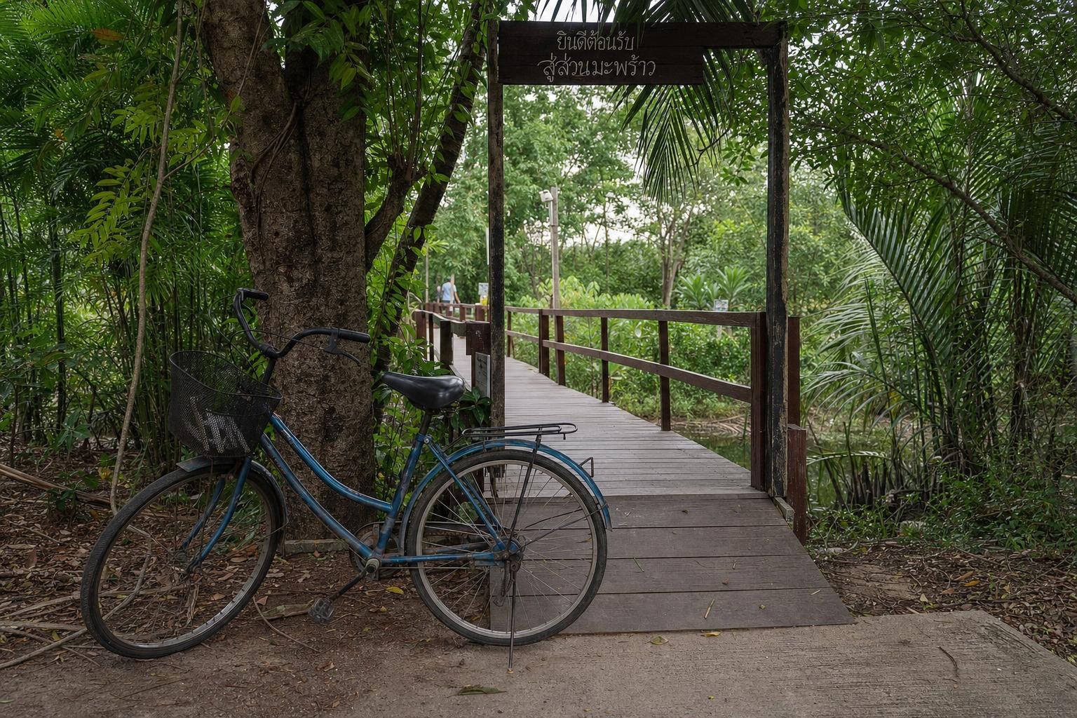 AI-generated illustration: A single local bicycle parked by a raised wooden walkway surrounded by lush greenery in Khung Bang Kachao, near Bangkok, Thailand