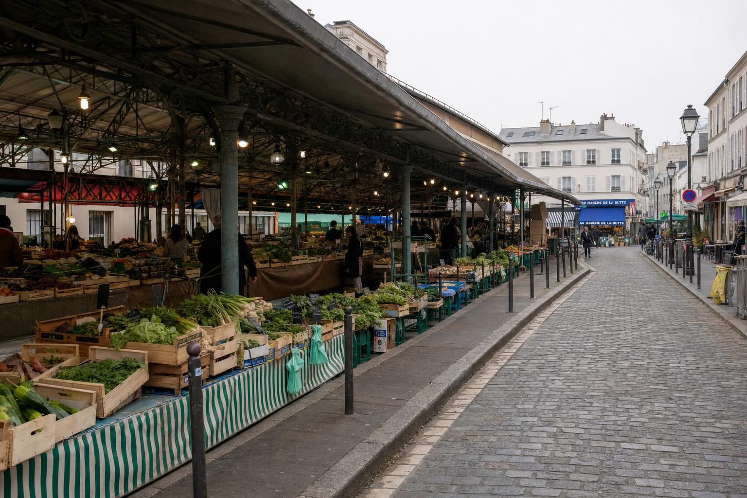 AI-generated illustration: A morning view of Marché d'Aligre with its covered halle and open-air produce stalls, Paris, France