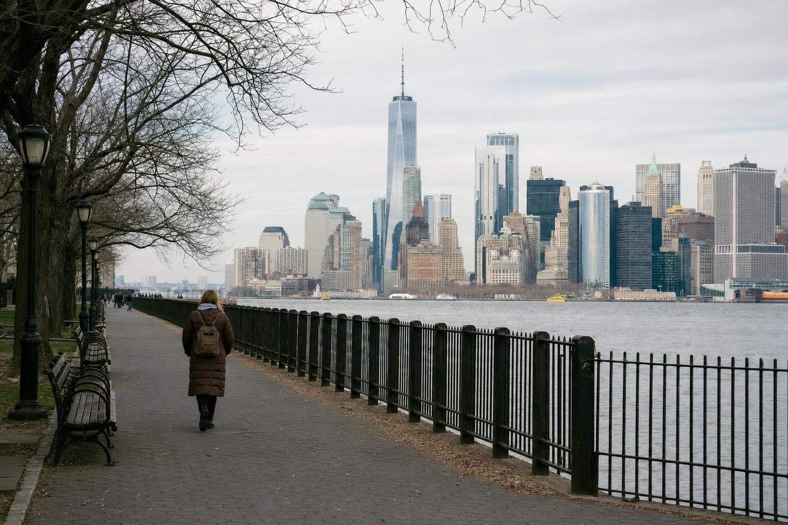 AI-generated illustration: A single walker strolling along the Brooklyn Heights Promenade with the Manhattan skyline in the background, New York City
