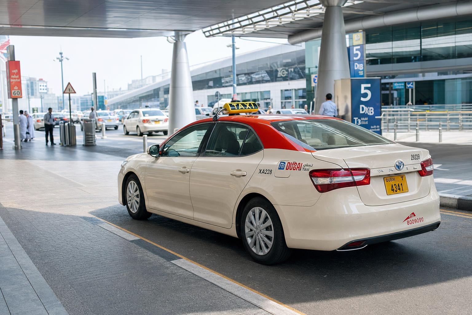 AI-generated illustration: A clearly marked official Dubai Taxi at the curb of Dubai International Airport during daytime